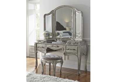 Rhianna Aged Silver Vanity Table Set w/Mirror & Stool
