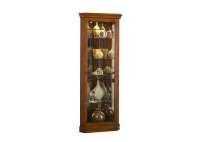 Mirrored 4 Shelf Corner Curio Cabinet in Golden Oak Brown