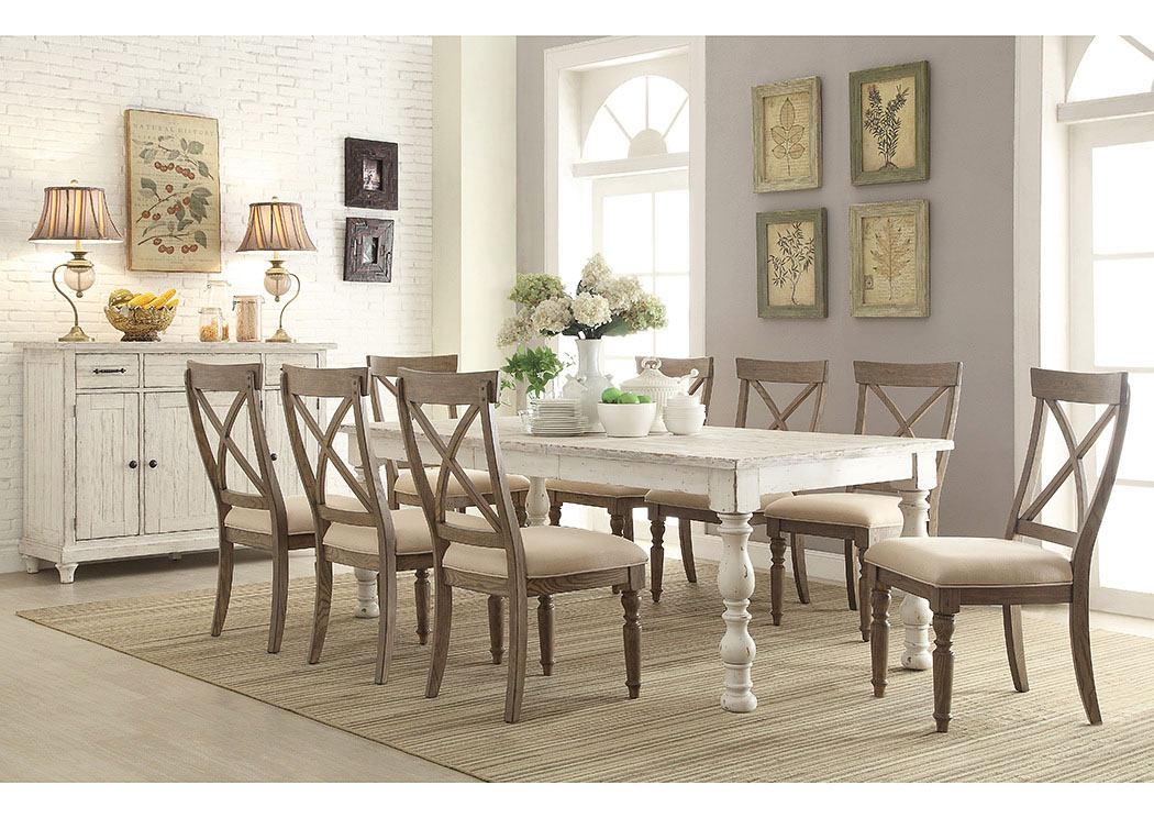 Aberdeen Weathered Worn White Rectangle Extension Dining Table w/8 X-Back Side Chairs,Riverside