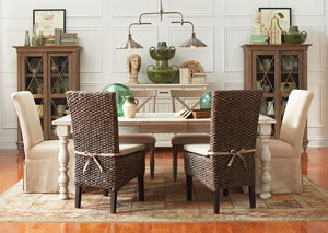 Aberdeen Weathered Worn White Rectangle Extension Dining Table w/2 X-Back Chairs, 2 Slipcover Chairs & 2  Woven Leaf Chairs