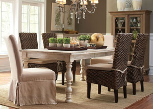 Aberdeen Weathered Worn White Rectangle Extension Dining Table w/4 Woven Leaf Side Chairs & 2 Slipcover Side Chairs