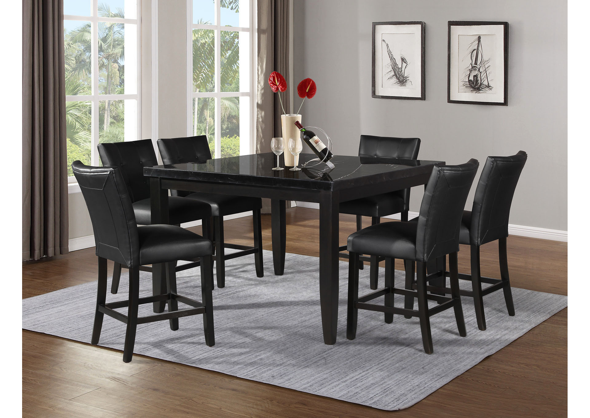 Markina Black Square Marble Top Counter Dining Set W/ 6 Chairs [Black],Steve Silver