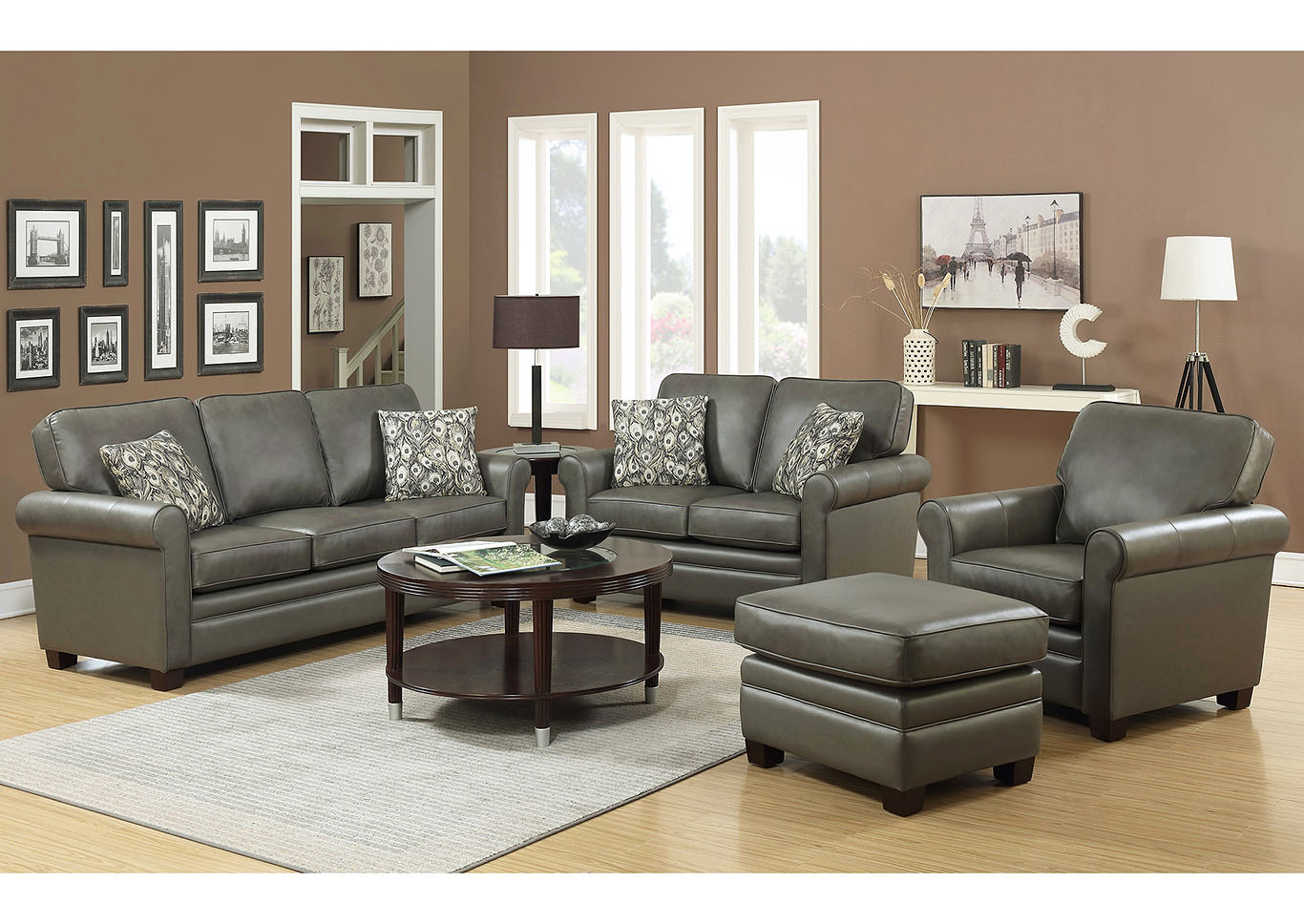 April Gray Leather Match Stationary 4 Piece Set,Taba Home Furnishings