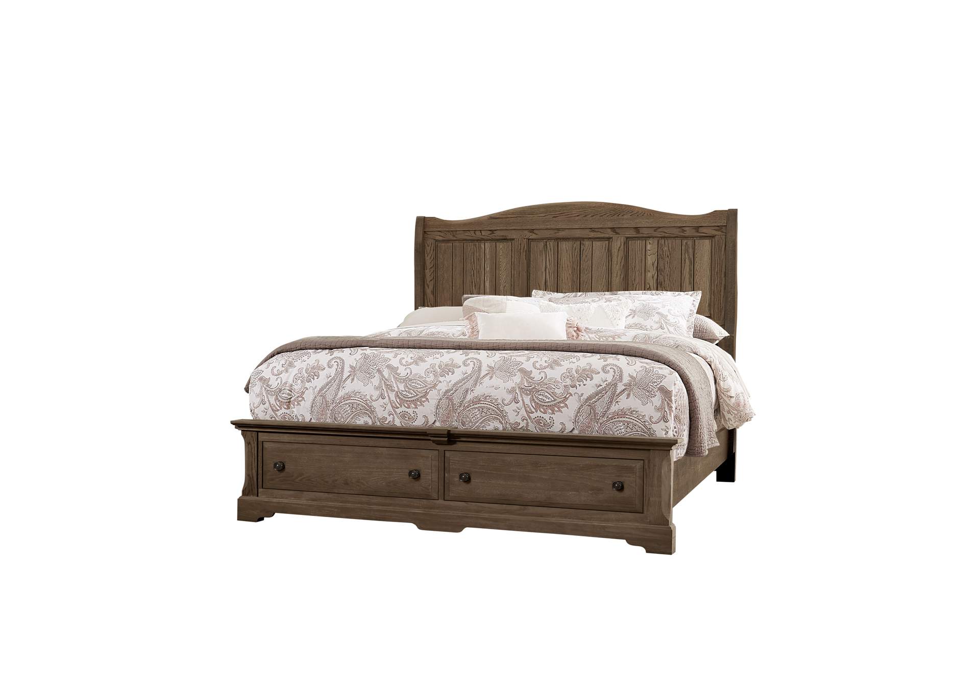 112 - Heritage-Cobblestone Oak King Sleigh Bed With Storage Footboard,Vaughan-Bassett