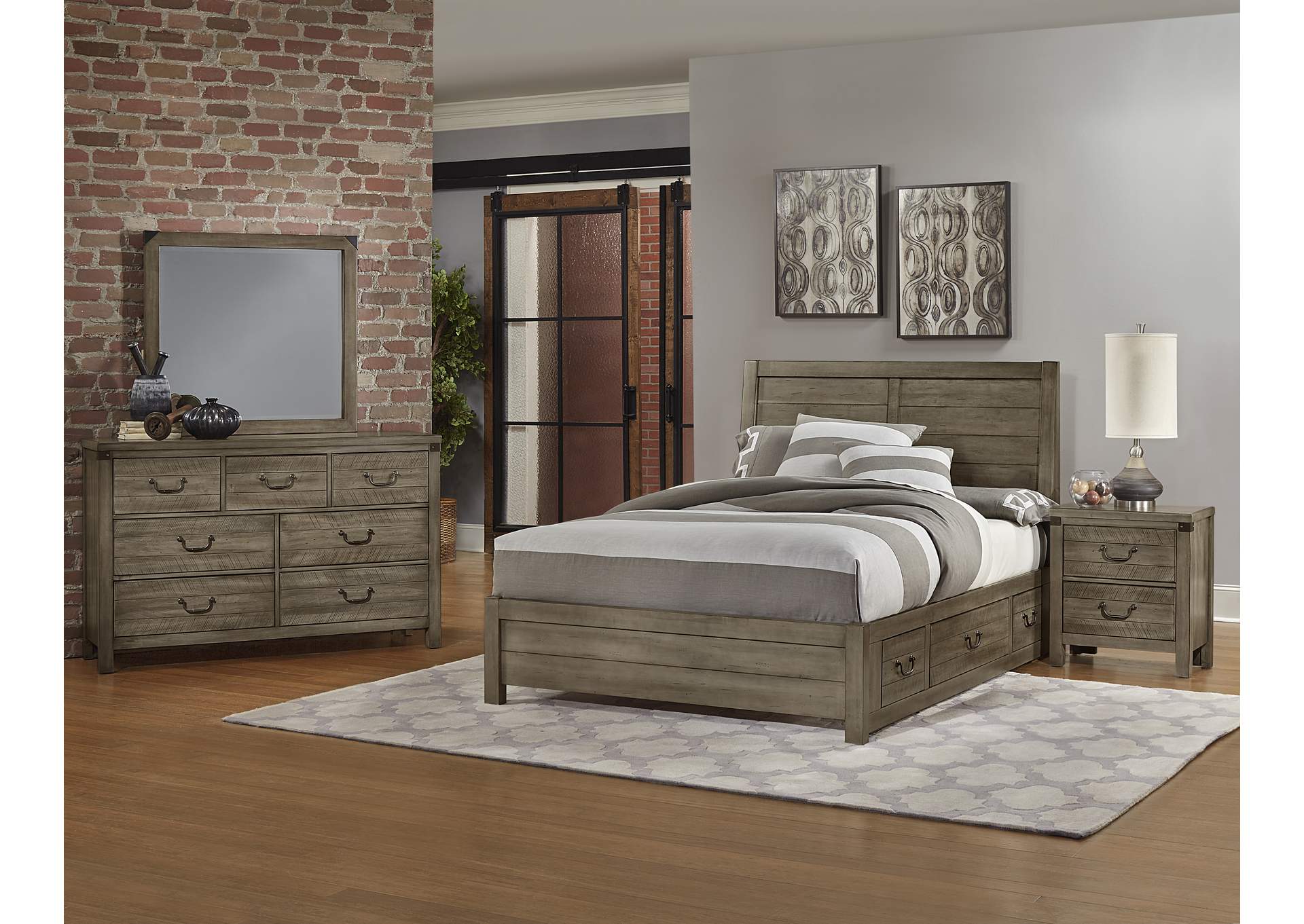 Sedgwick Plank Headboard&Storage &Low Profile Footboard 6/6 w/ Dresser&Mirror,Vaughan-Bassett