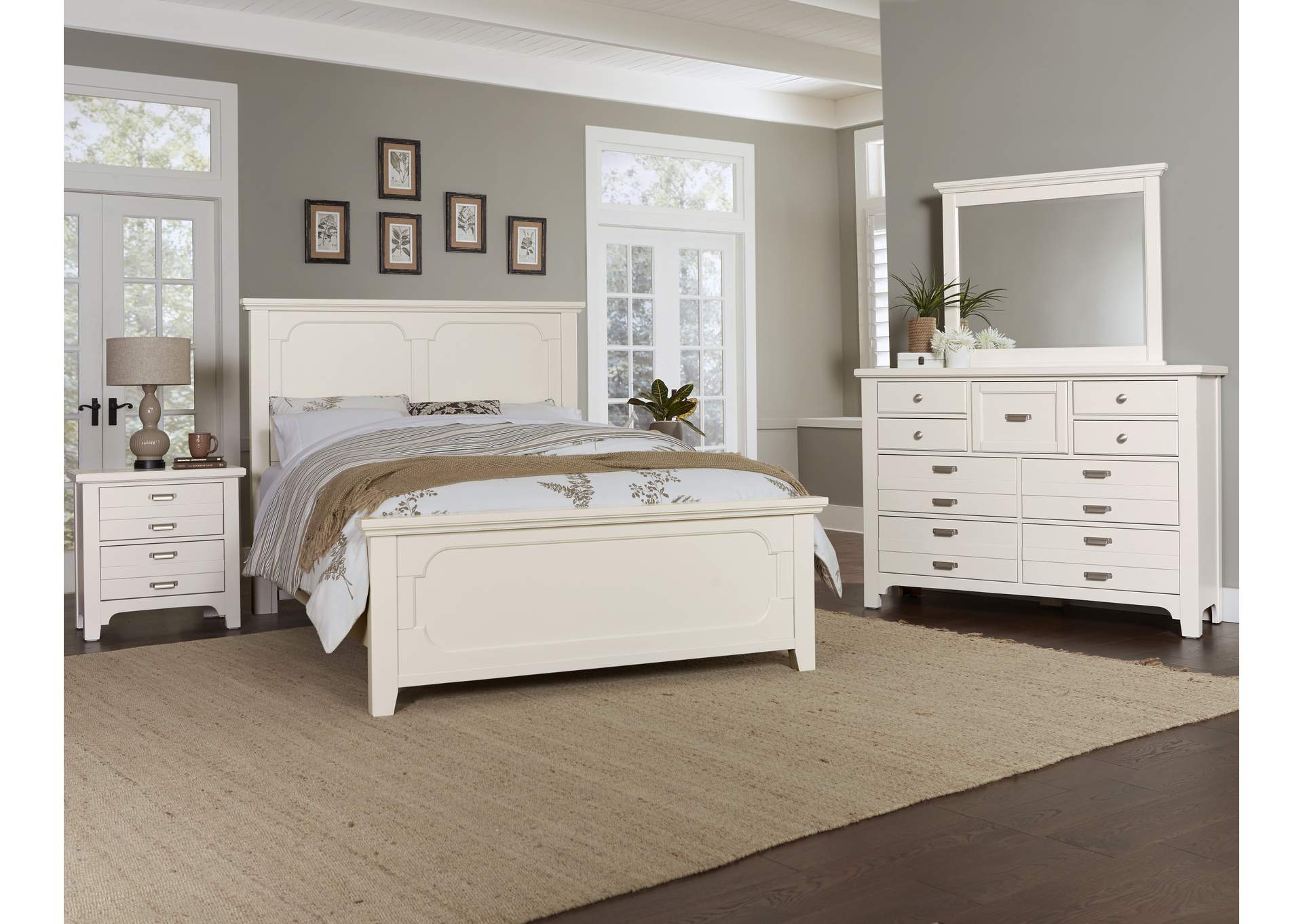 Bungalow White Rock Panel King Bed w/Dresser and Mirror,Vaughan-Bassett