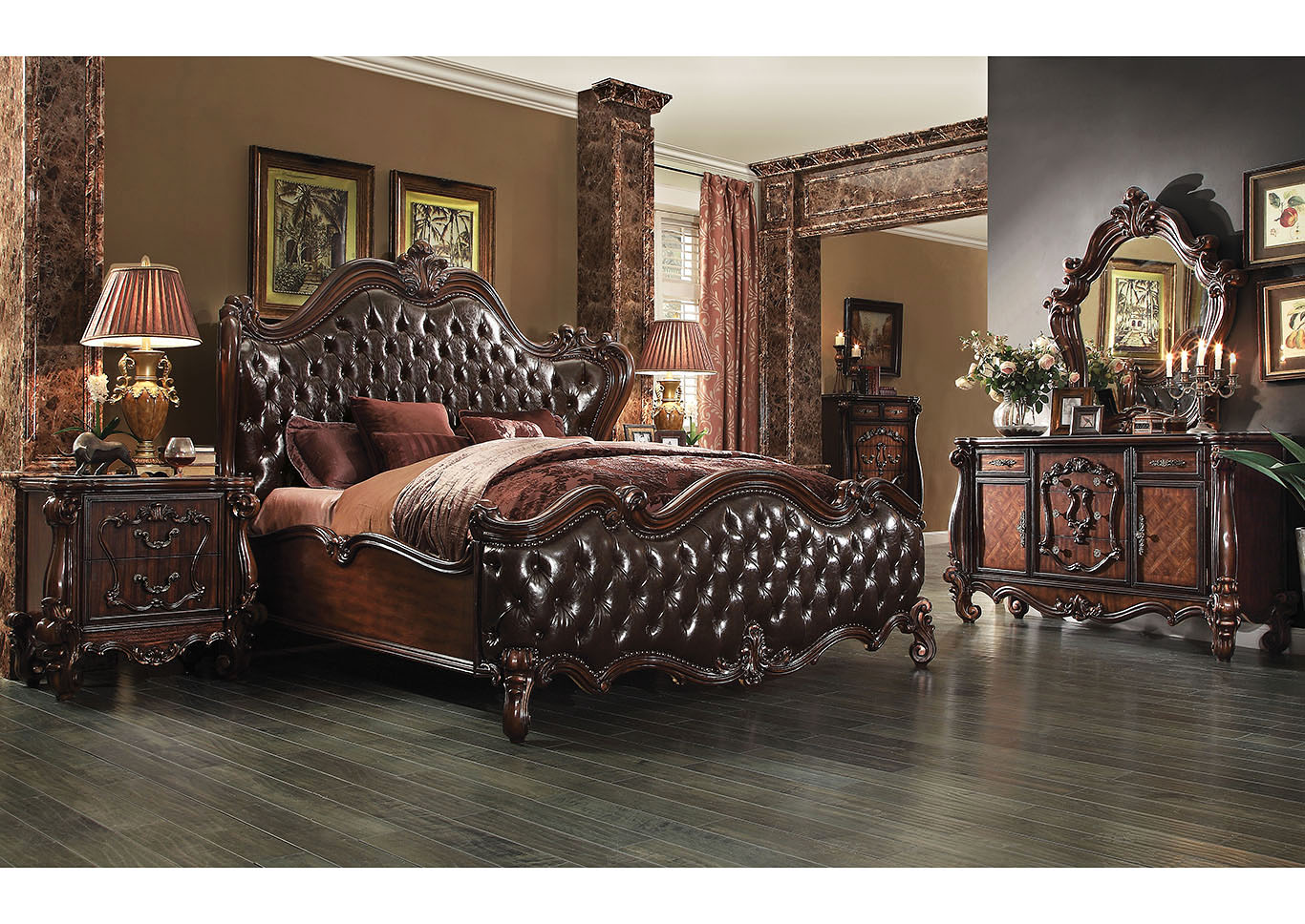 Versailles Brown/Cherry Oak California King Bed w/Dresser and Mirror,Acme