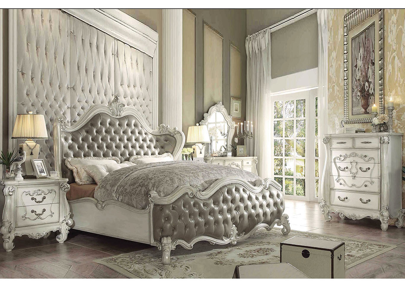 Versailles Gray/Bone White Eastern King Bed w/Dresser and Mirror,Acme