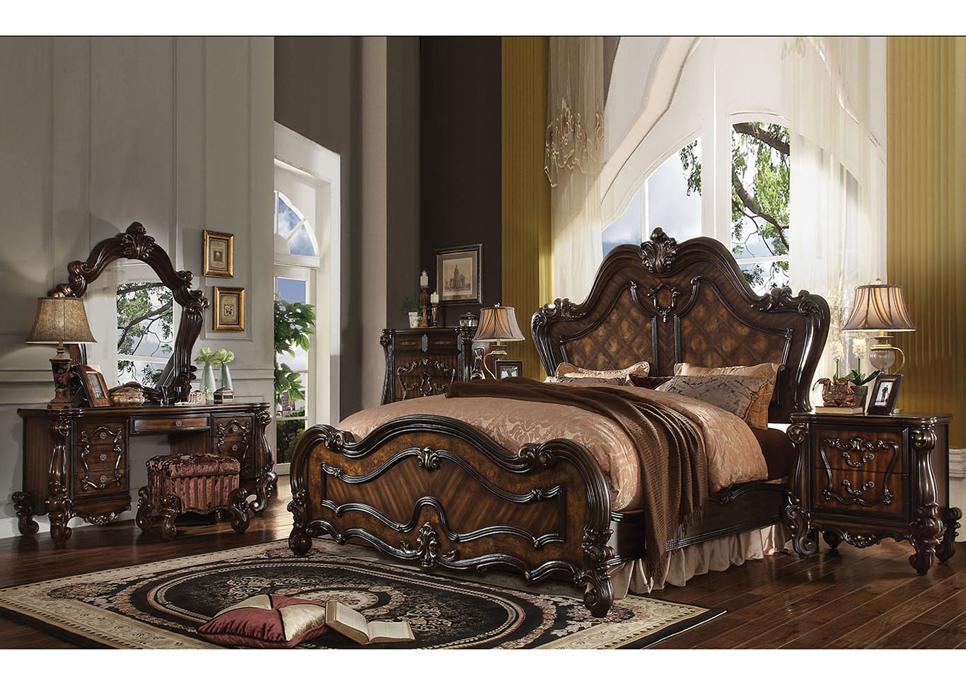 Versailles Cherry Oak Eastern King Bed w/Dresser and Mirror,Acme