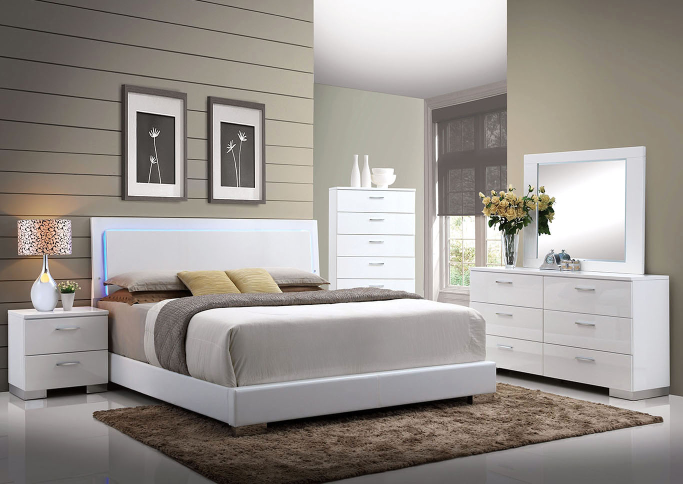 Lorimar White Eastern King LED Platform Bed w/Dresser and Mirror,Acme