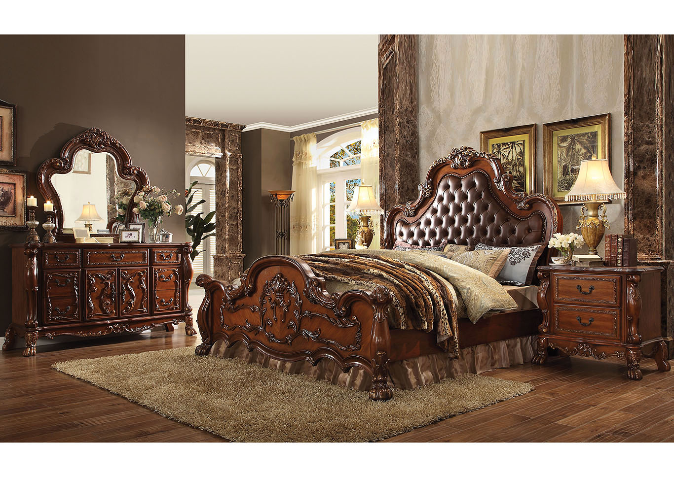 Dresden Cherry Oak Queen Upholstered Bed w/Dresser and Mirror,Acme