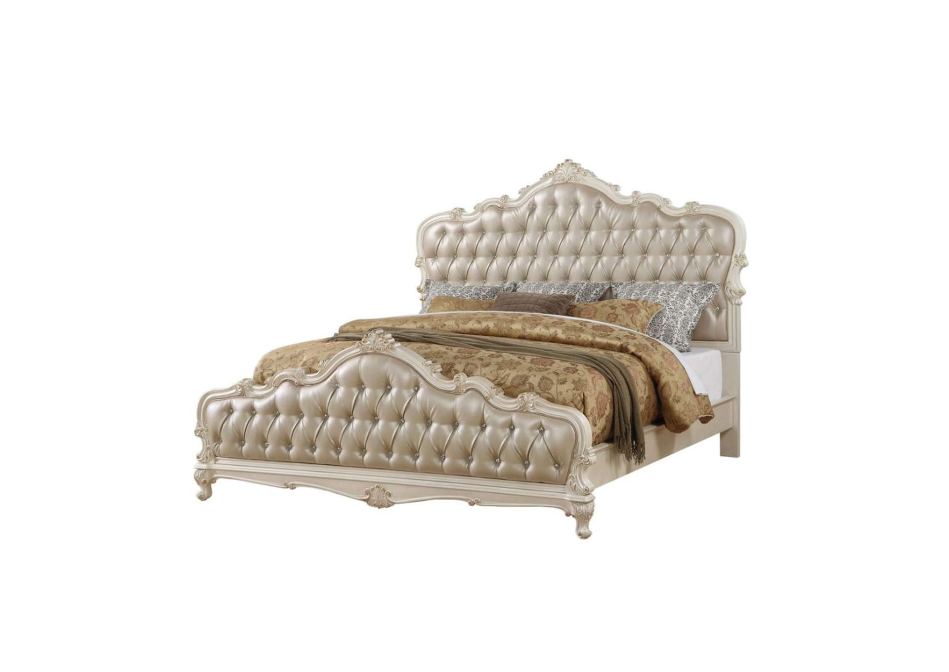 Pearl White Chantelle Queen Bed, Rose Gold Headboard Queen