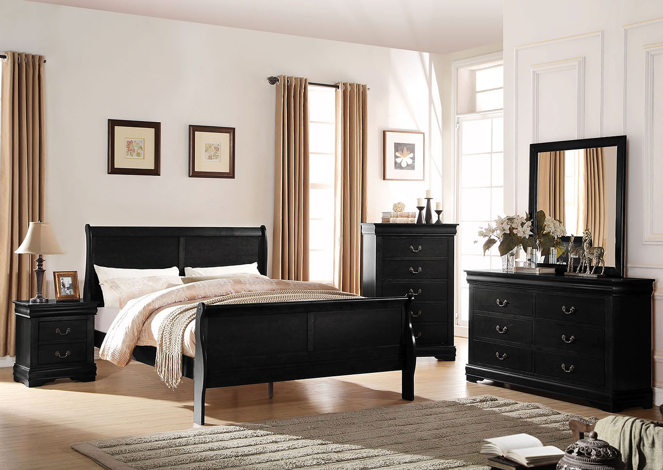 Louis Philippe Black Twin Sleigh Bed w/Dresser and Mirror,Acme