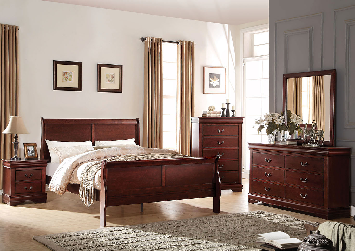 Louis Philippe Cherry Queen Sleigh Bed w/Dresser and Mirror,Acme