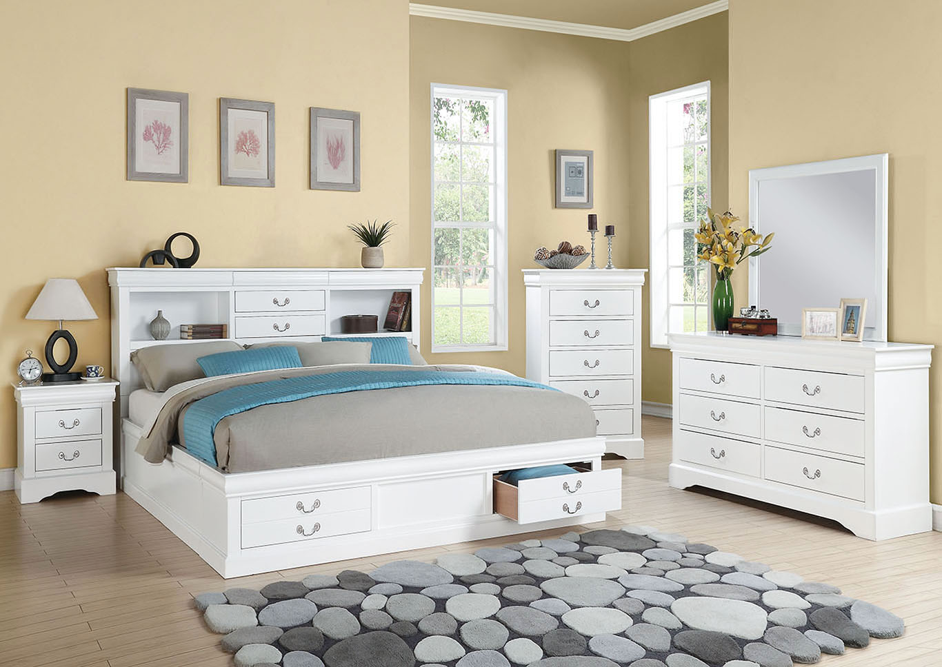 Louis Philippe III White Queen Storage Bed w/Dresser and Mirror,Acme