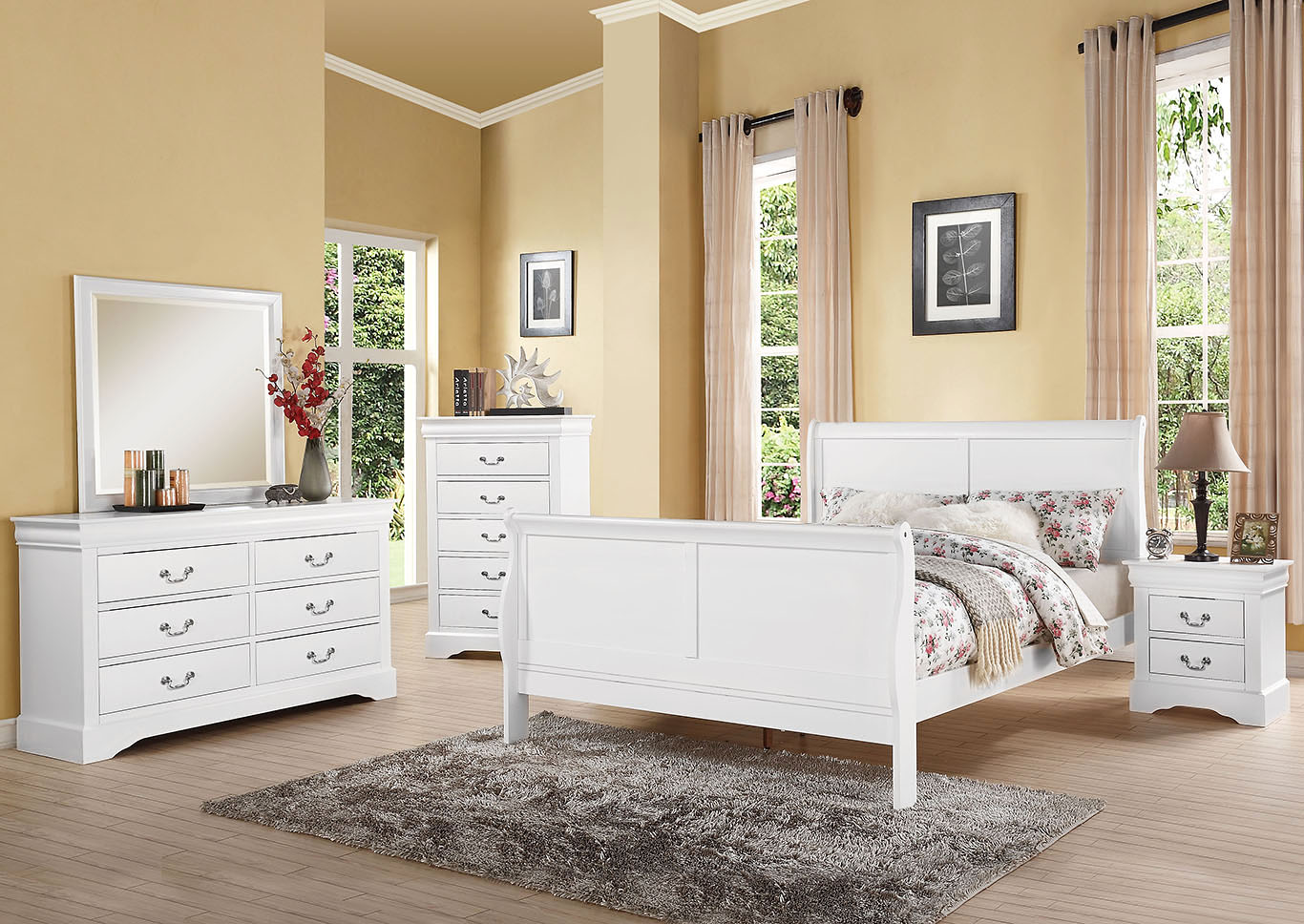 Louis Philippe III White Queen Panel Bed w/Dresser and Mirror,Acme
