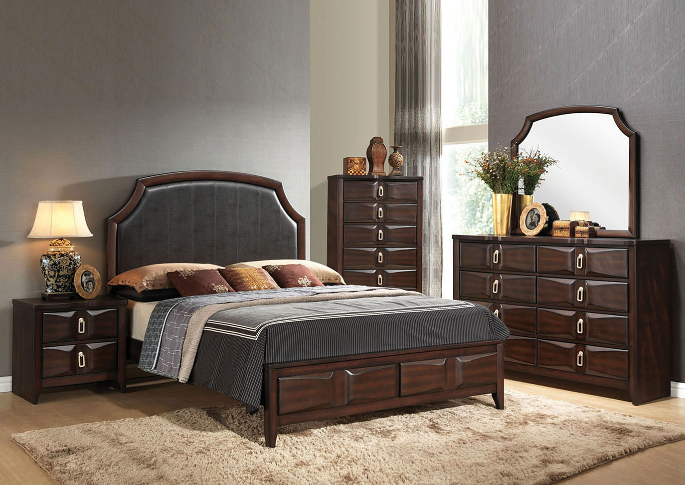 Lancaster Espresso Upholstered Queen Bed w/Dresser and Mirror,Acme