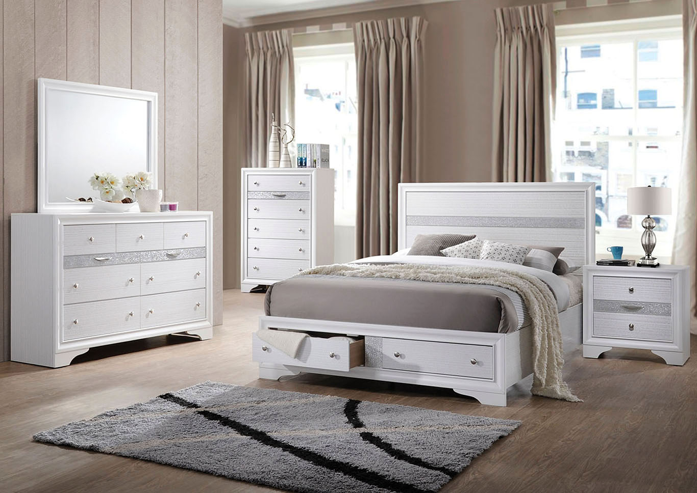 Naima White Eastern King Storage Bed w/Dresser and Mirror,Acme