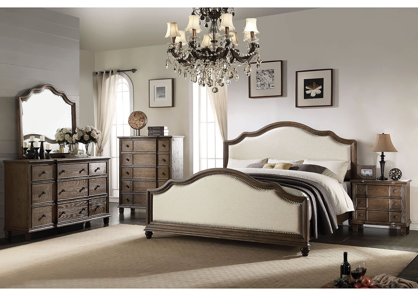 Baudouin Beige/Weathered Oak Queen Panel Bed w/Dresser and Mirror,Acme