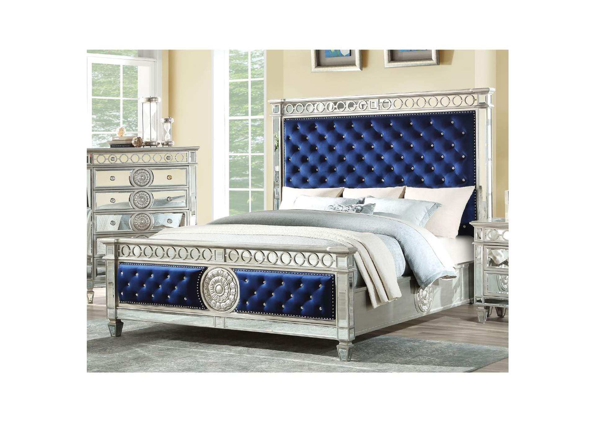 Varian Blue Velvet Mirrored Eastern King Bed,Acme