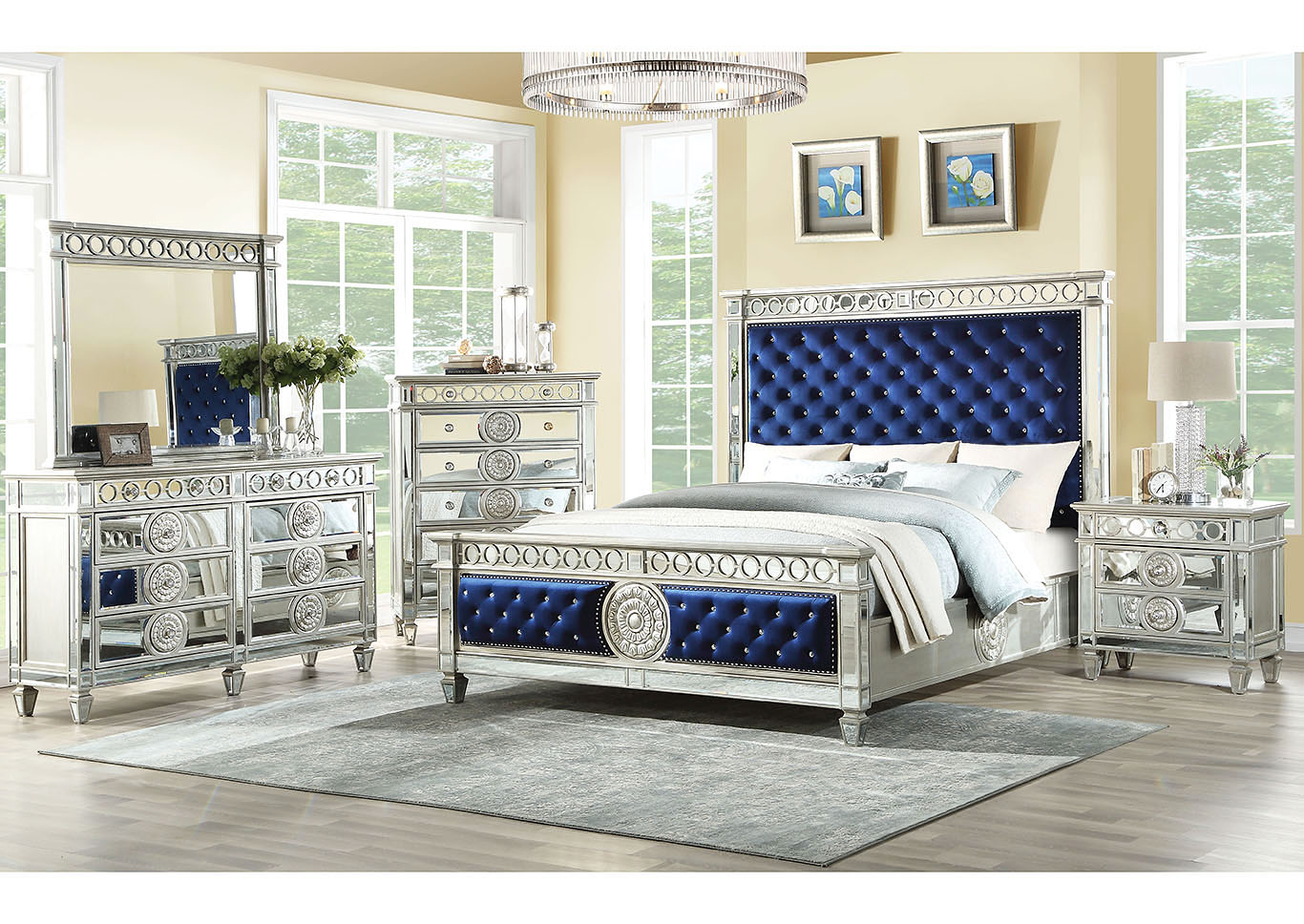 Varian Silver/Royal Blue Queen Panel Bed w/Dresser and Mirror,Acme