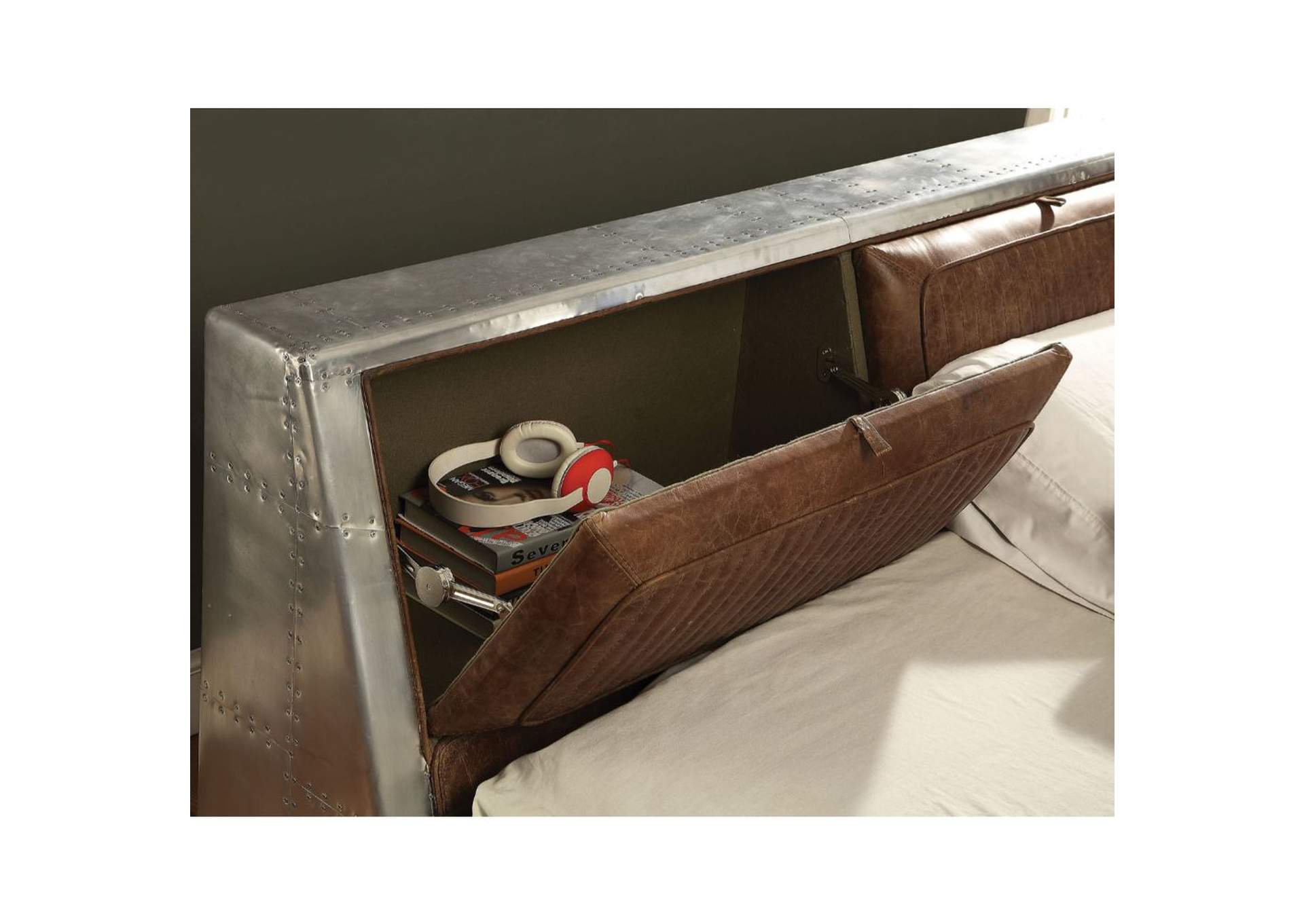 Brancaster Retro Brown Top Grain Leather & Aluminum Queen Bed,Acme