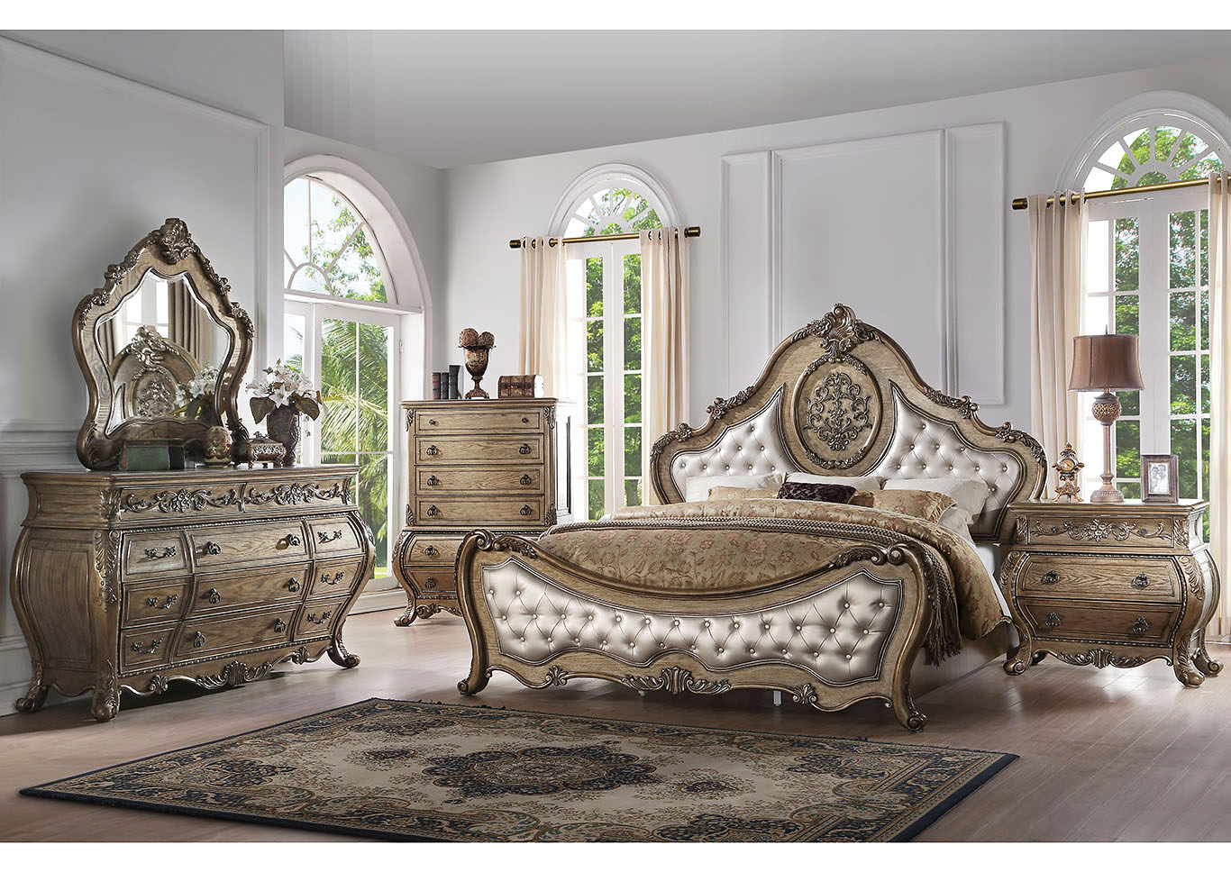 Ragenardus Vintage Oak Upholstered Eastern King Panel Bed w/Dresser and Mirror,Acme
