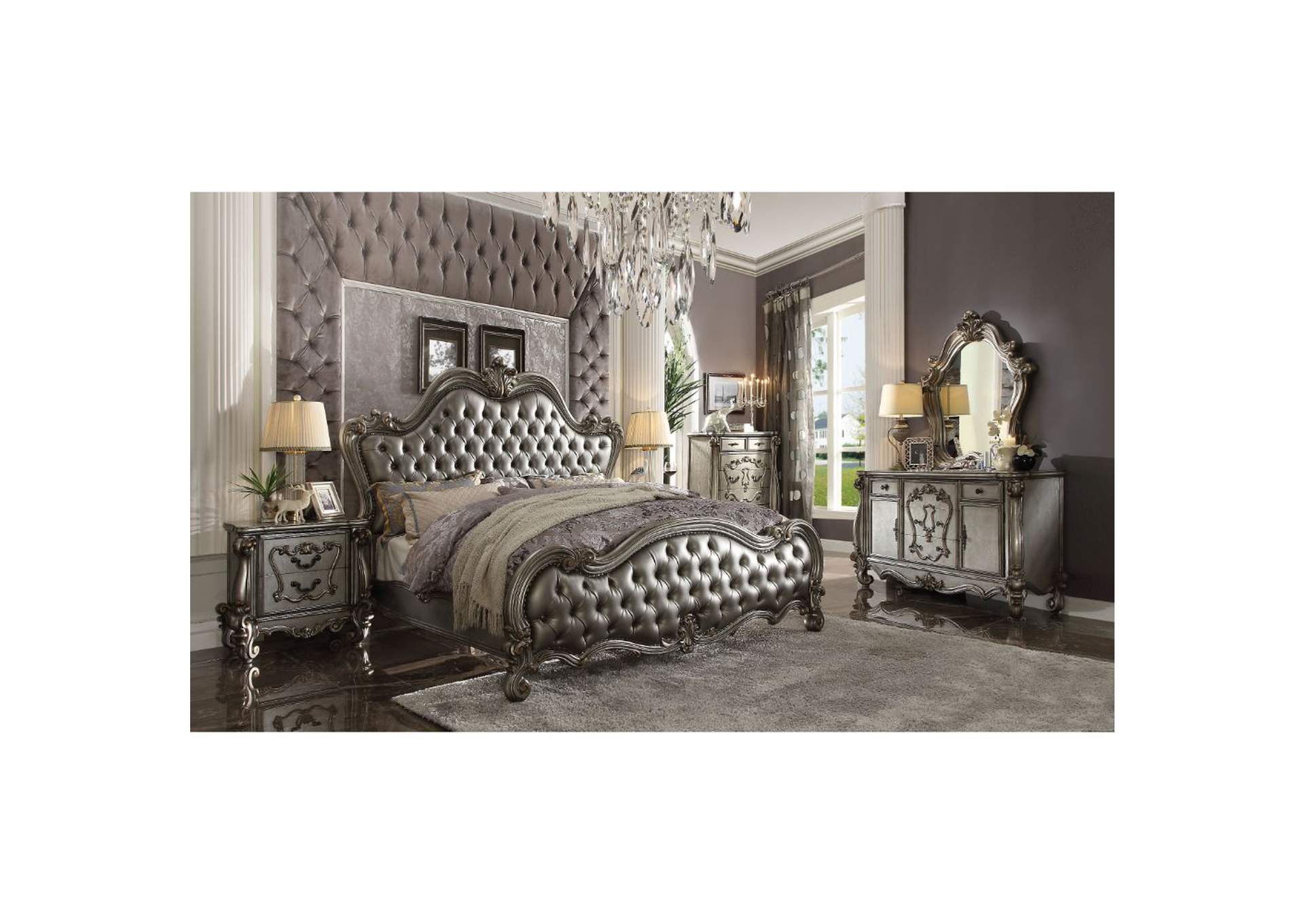 Versailles II Silver PU & Antique Platinum California King Bed,Acme