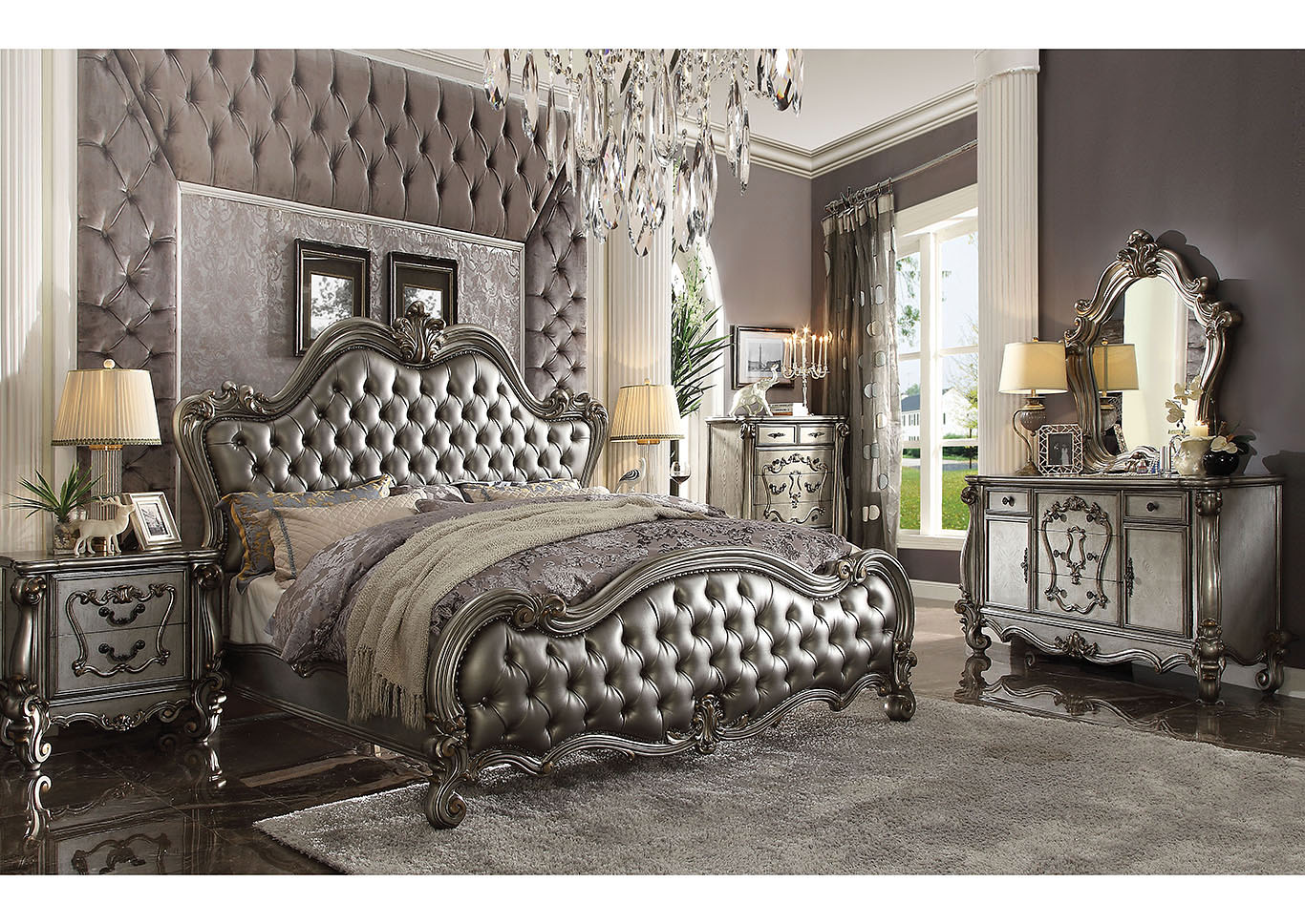 Versailles II Antique Platinum Upholstered California King Bed w/Dresser and Mirror,Acme