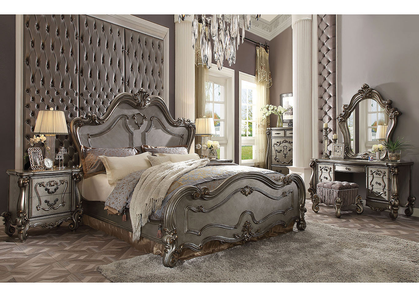 Versailles Antique Platinum Queen Bed w/Vanity Desk & Mirror,Acme