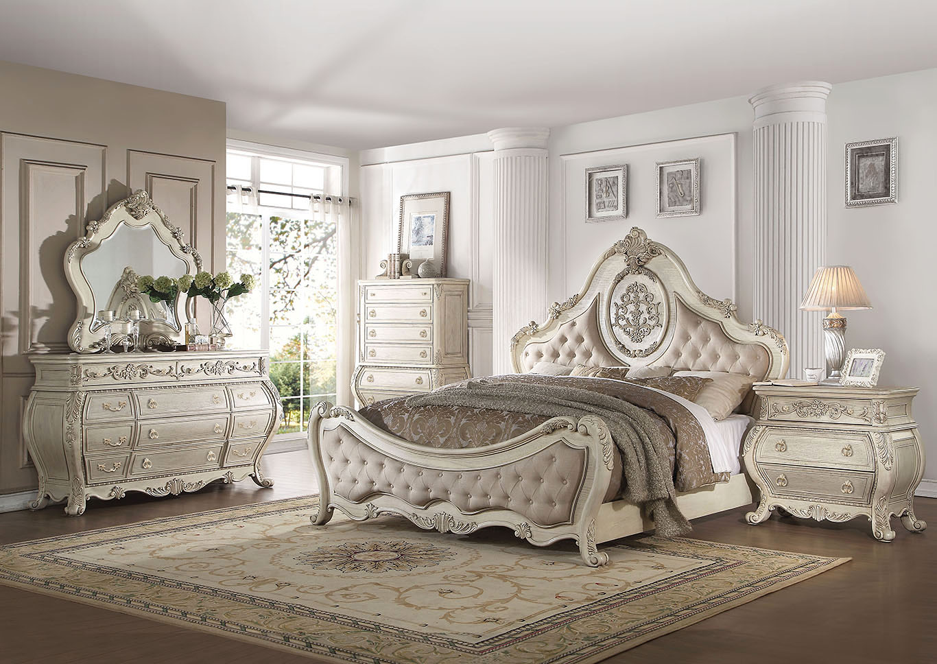 Ragenardus Antique White Upholstered Queen Panel Bed w/Dresser and Mirror,Acme
