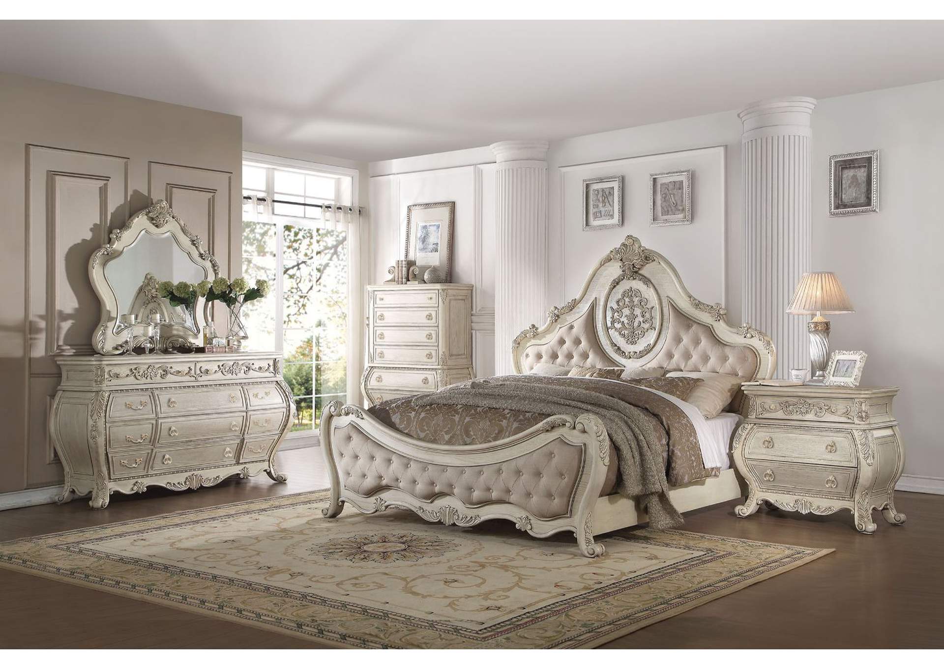 Ragenardus Beige Linen Antique White Queen Bed,Acme