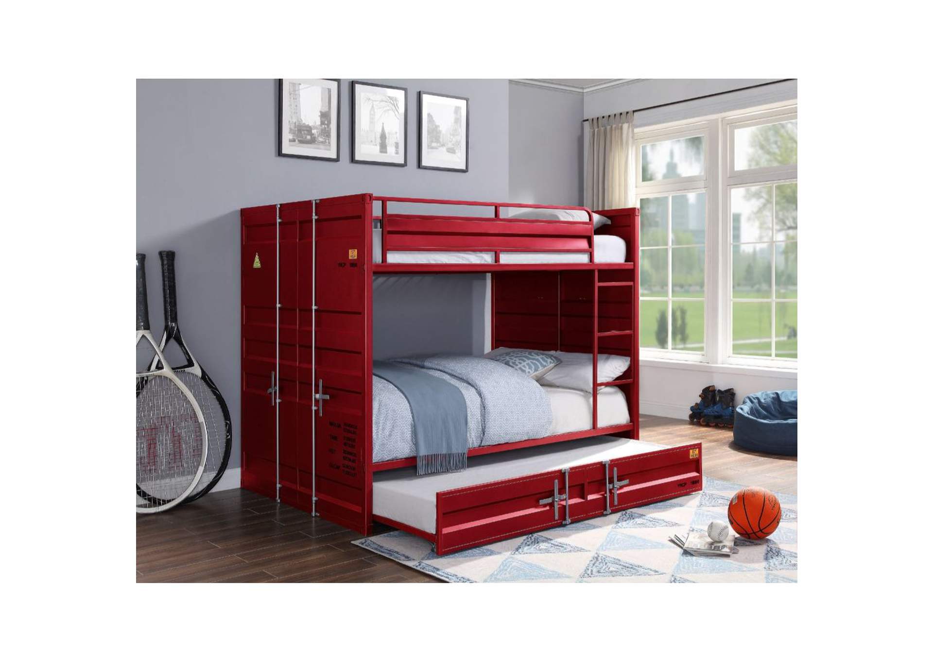 Cargo Red Full Bunk Bed W Trundle, Cargo Twin Bed Trundle