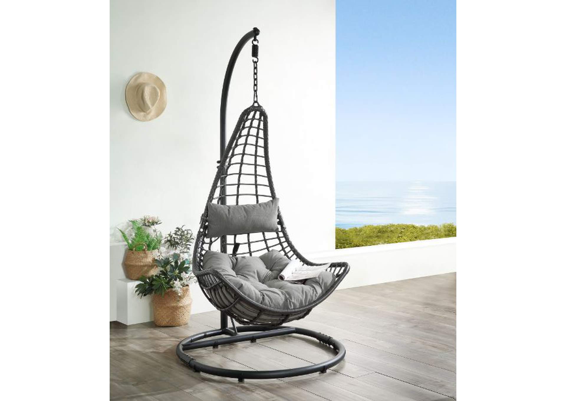 Uzae Gray Fabric & Charcaol Wicker Patio Swing Chair,Acme