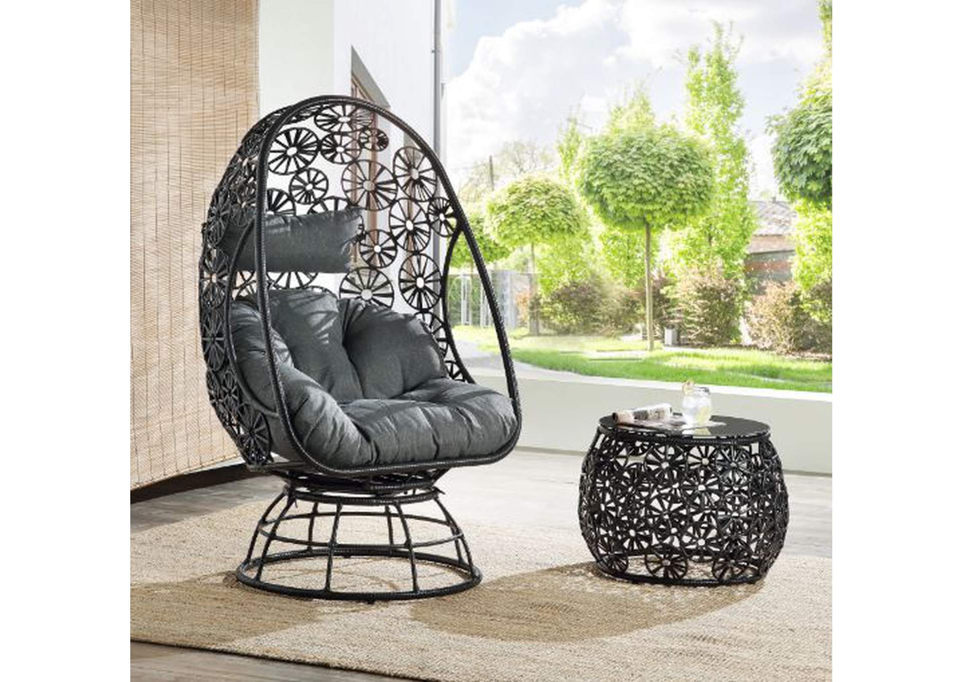 Hikre Clear Glass, Charcaol Fabric Black Wicker Patio Lounge Chair,Acme