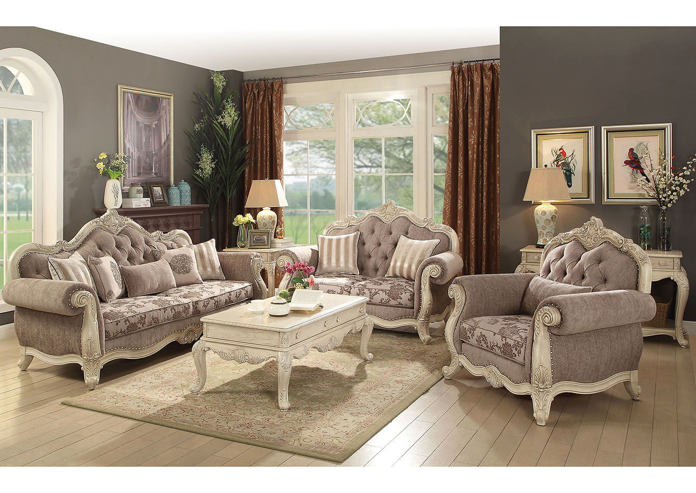 Ragenardus Antique White/Gray Upholstered Sofa and Loveseat,Acme