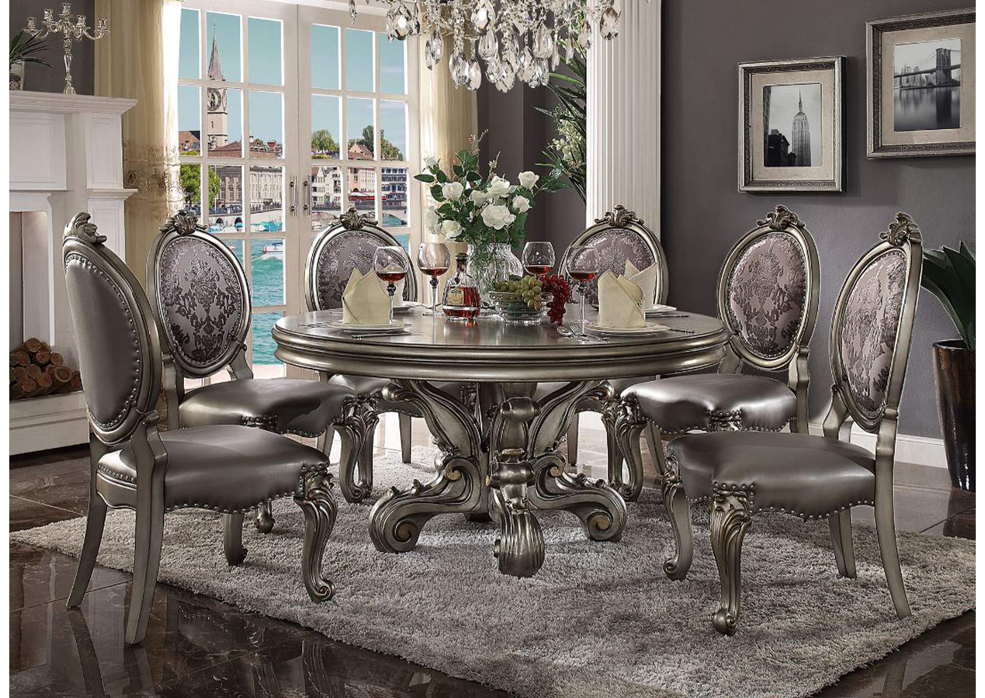 Versailles Antique Platinum Round Dining Table w/6 Side Chair,Acme