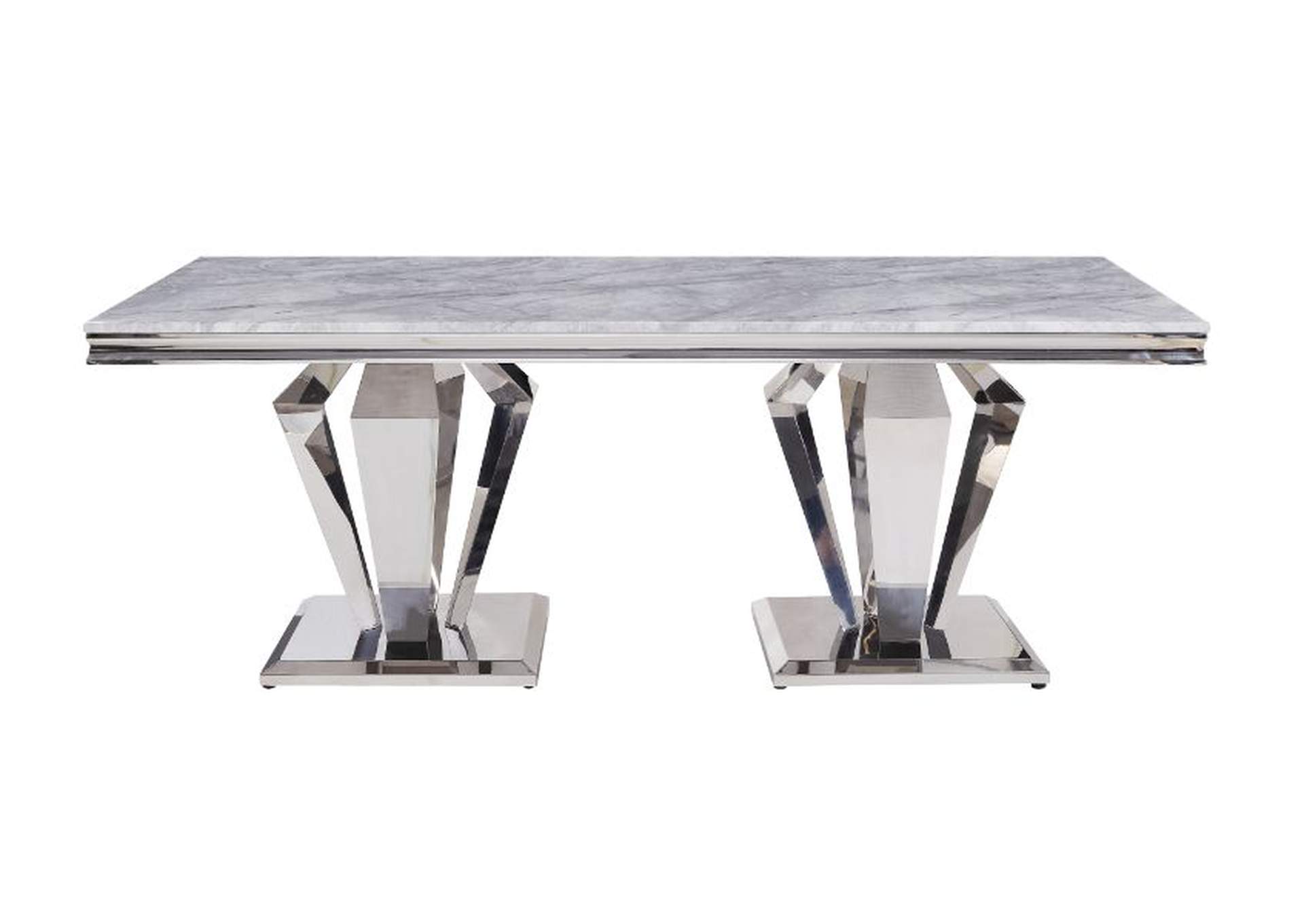 Satinka Light Gray Printed Faux Marble & Mirrored Silver Finish Dining Table,Acme