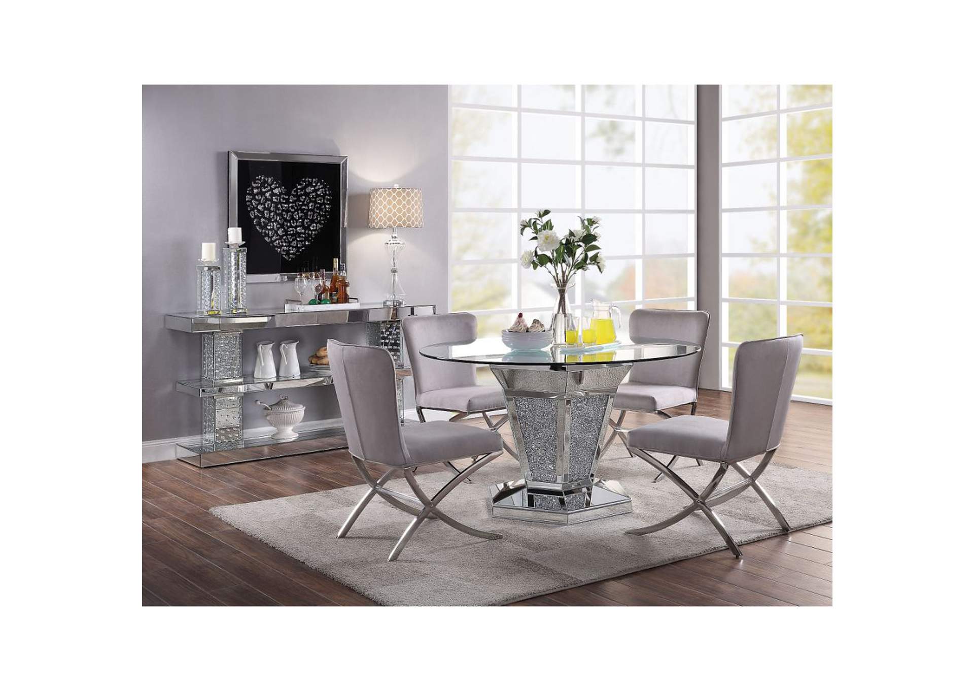 Noralie Mirrored, Faux Diamonds & Clear Glass Dining Table,Acme