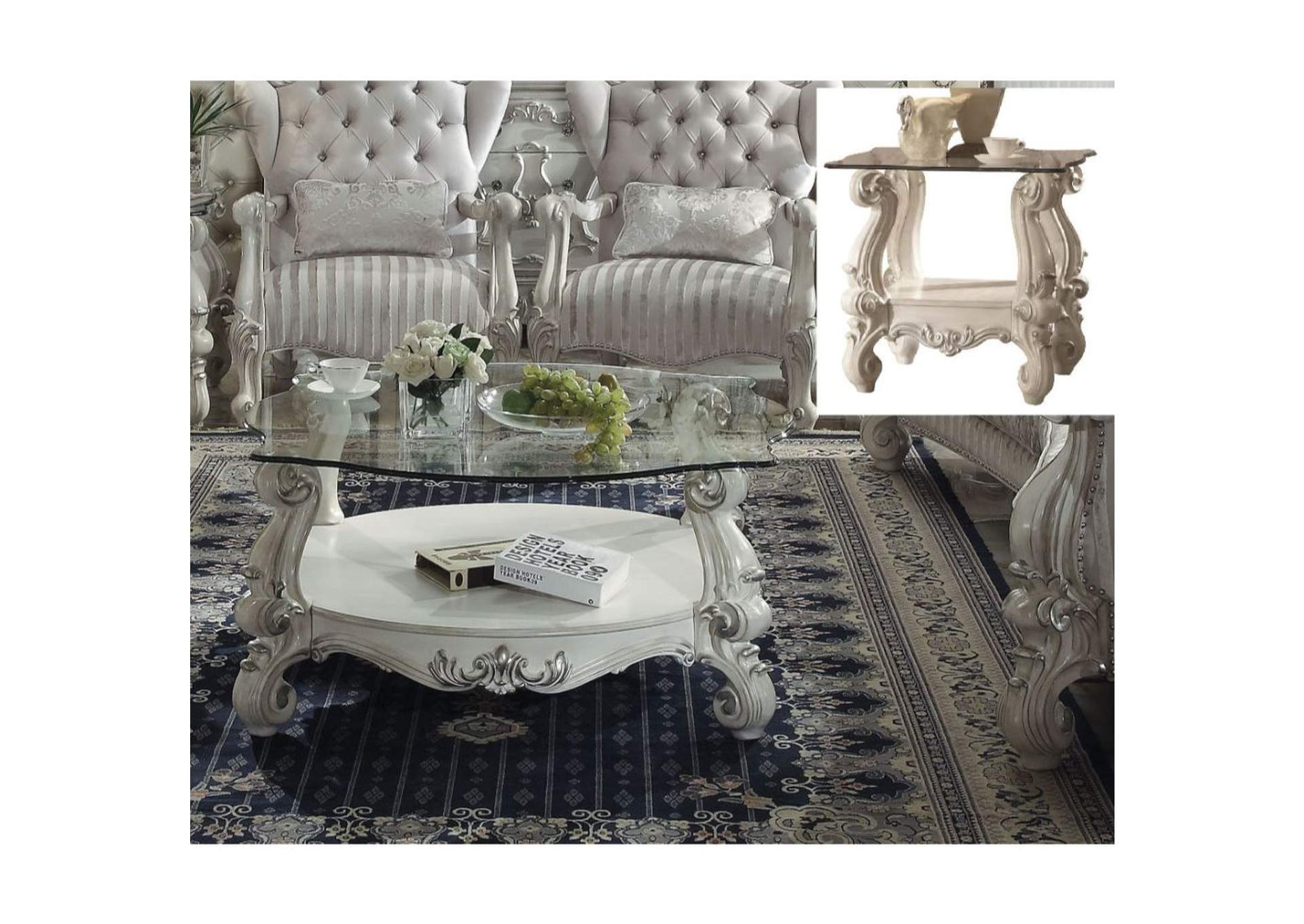 Versailles Bone White & Clear Glass Coffee Table,Acme