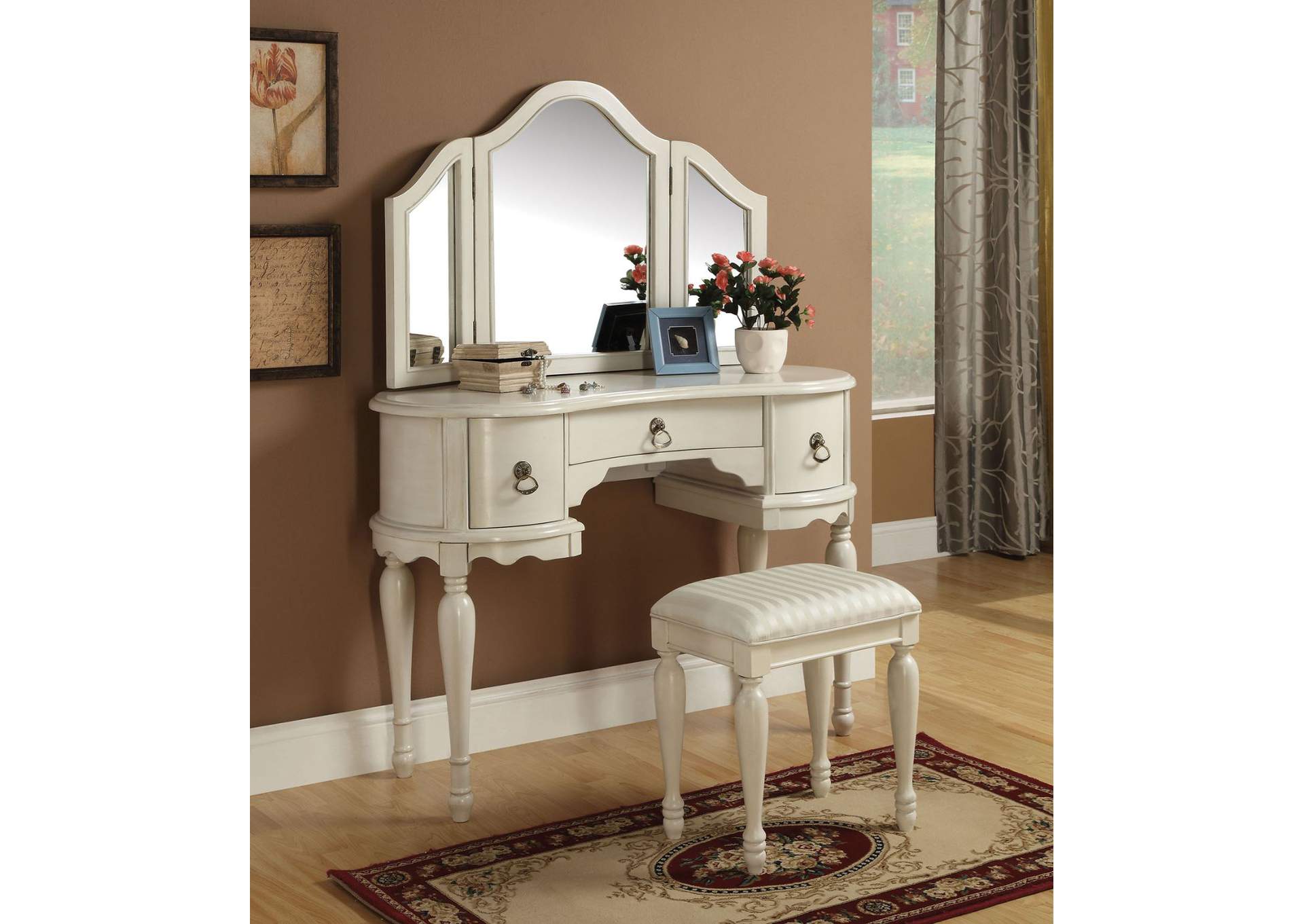 Trini White Vanity Desk w/Mirror and Stool,Acme