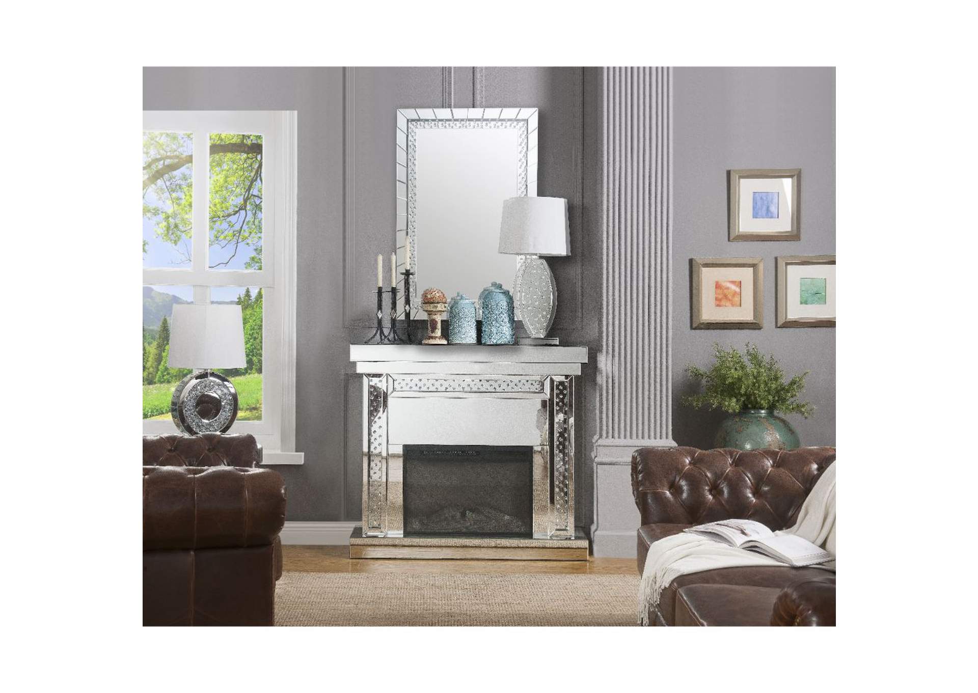 Nysa Mirrored & Faux Crystals Fireplace,Acme