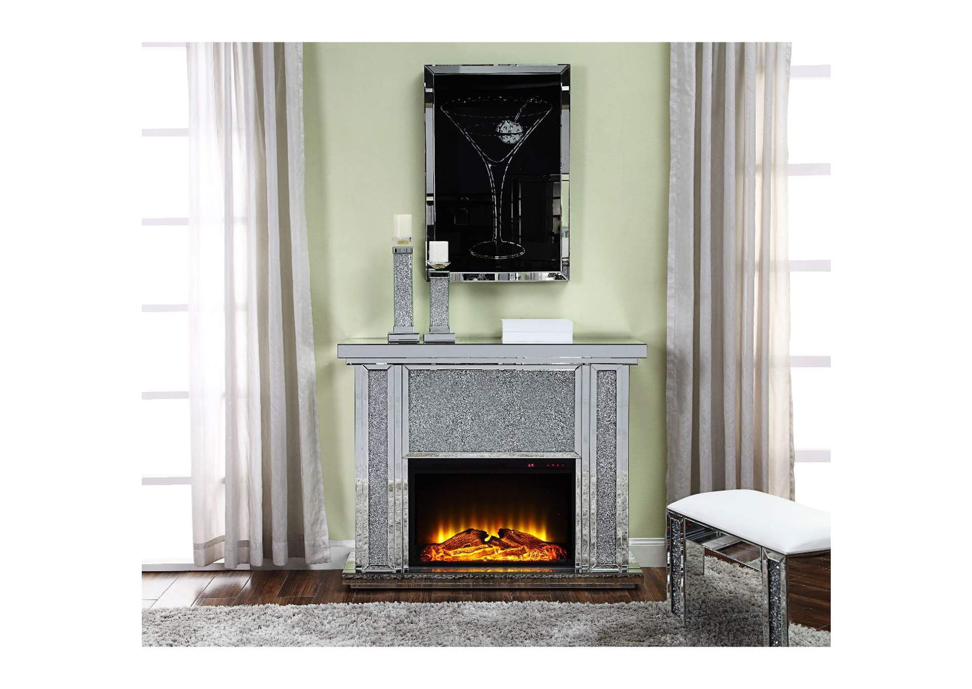 Nowles Mirrored & Faux Stones Fireplace,Acme