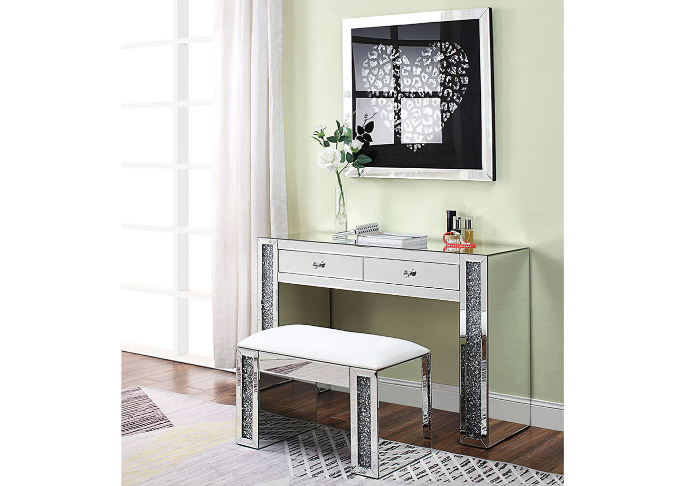 Noralie Mirrored Faux Diamonds Vanity Desk Best Buy Furniture And Mattress