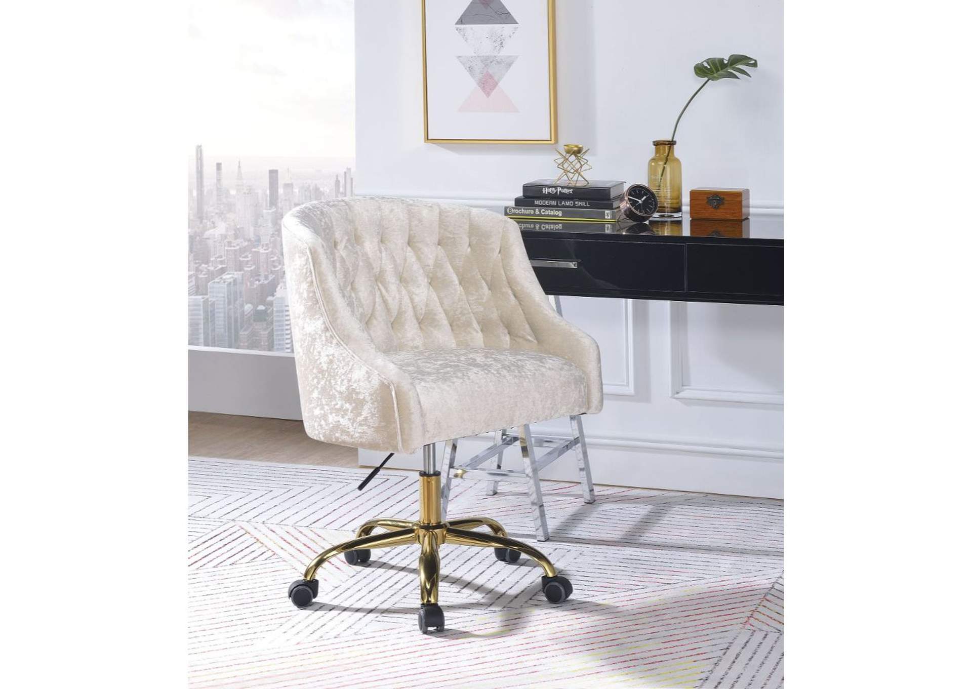Levian Vintage Cream Velvet & Gold Office Chair,Acme