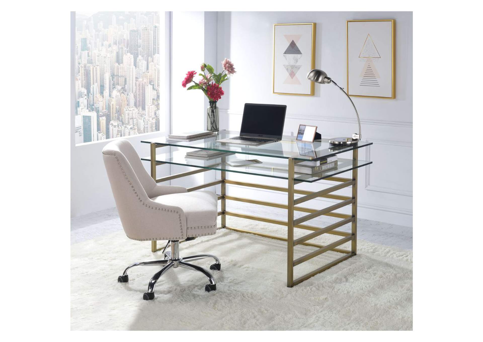 Shona Antique Gold & Clear Glass Desk,Acme