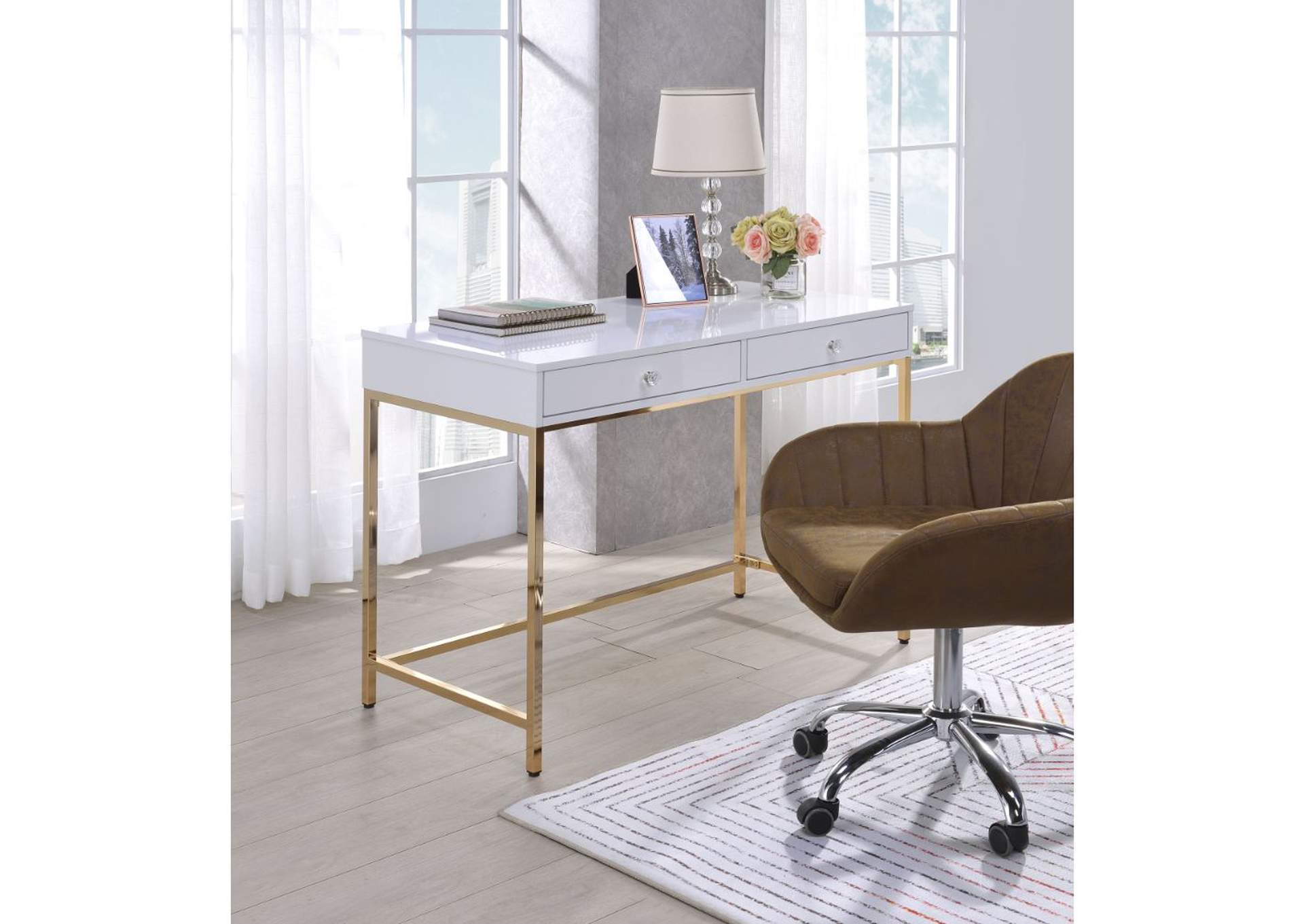 Ottey White High Gloss Gold Desk,Acme