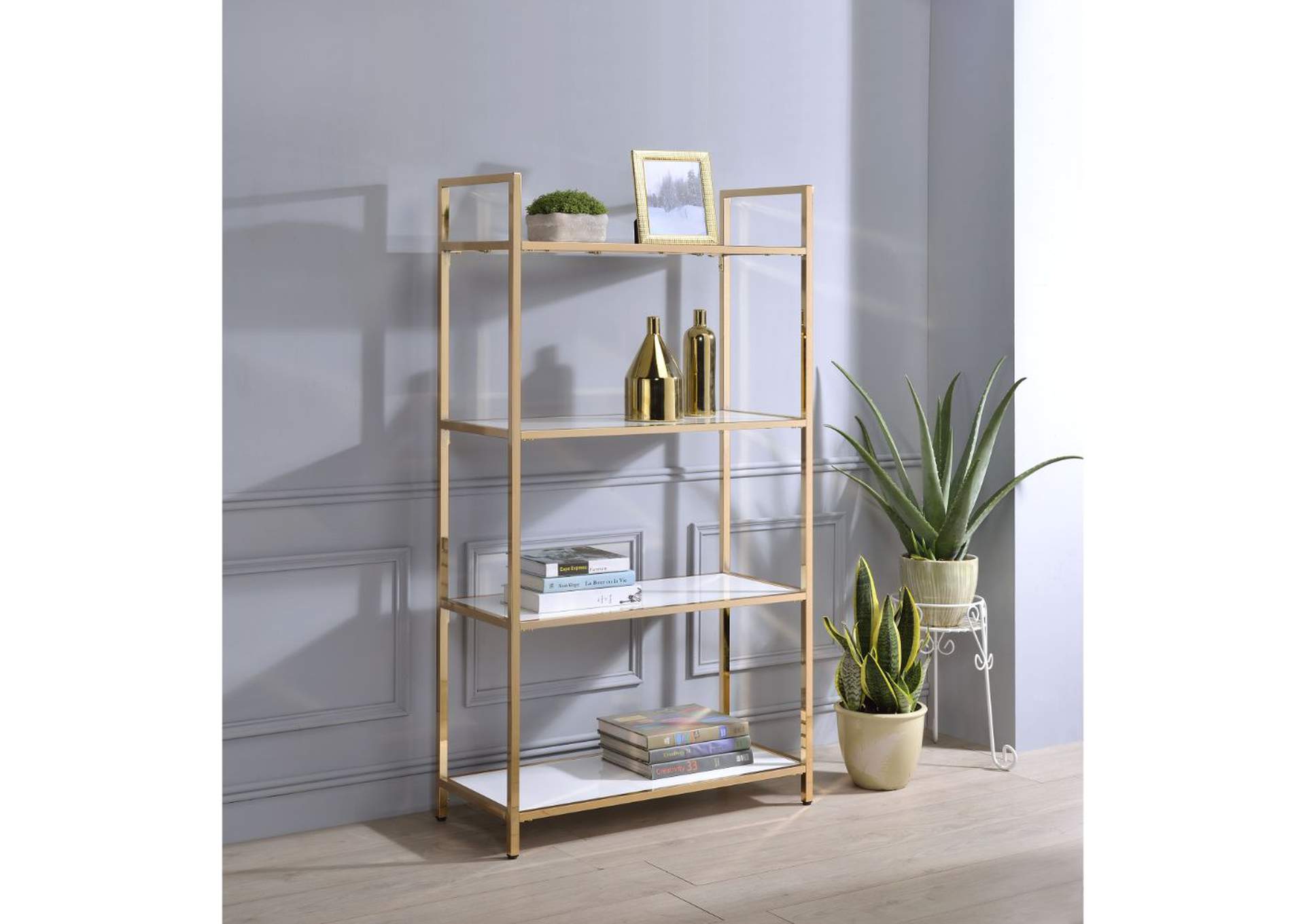 Ottey White High Gloss & Gold Bookshelf,Acme