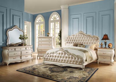 Chantelle Rose Gold/Pearl White Upholstered Eastern King Bed w/Dresser and Mirror