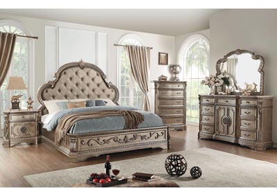 Northville Antique Champagne Upholstered Queen Bed w/Marble Dresser and Mirror,Acme